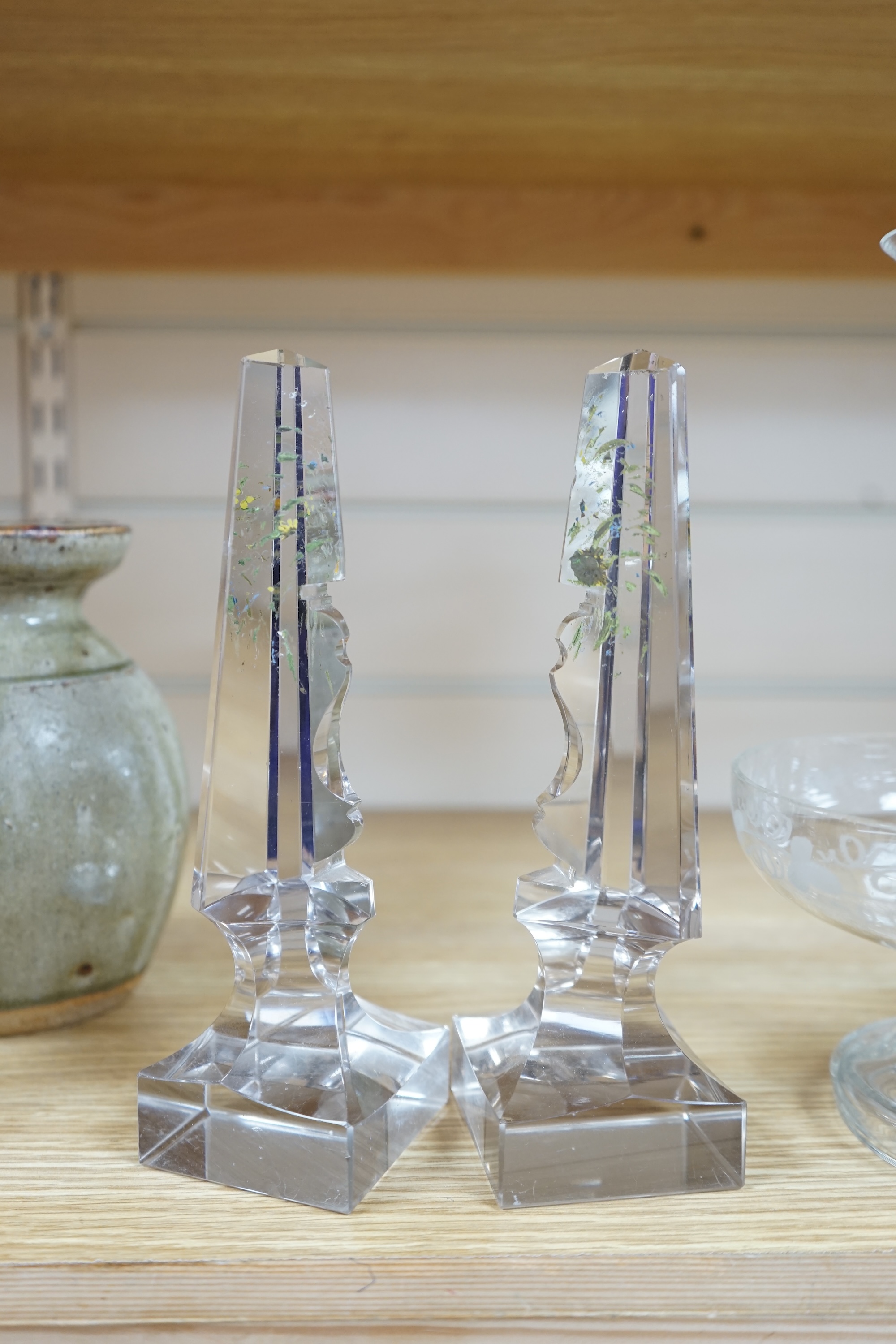 Victorian and later glassware comprising a pair of glass obelisks, an epergne and a similar glass pedestal dish, epergne 24cm high. Condition - obelisk painting worn, all good condition